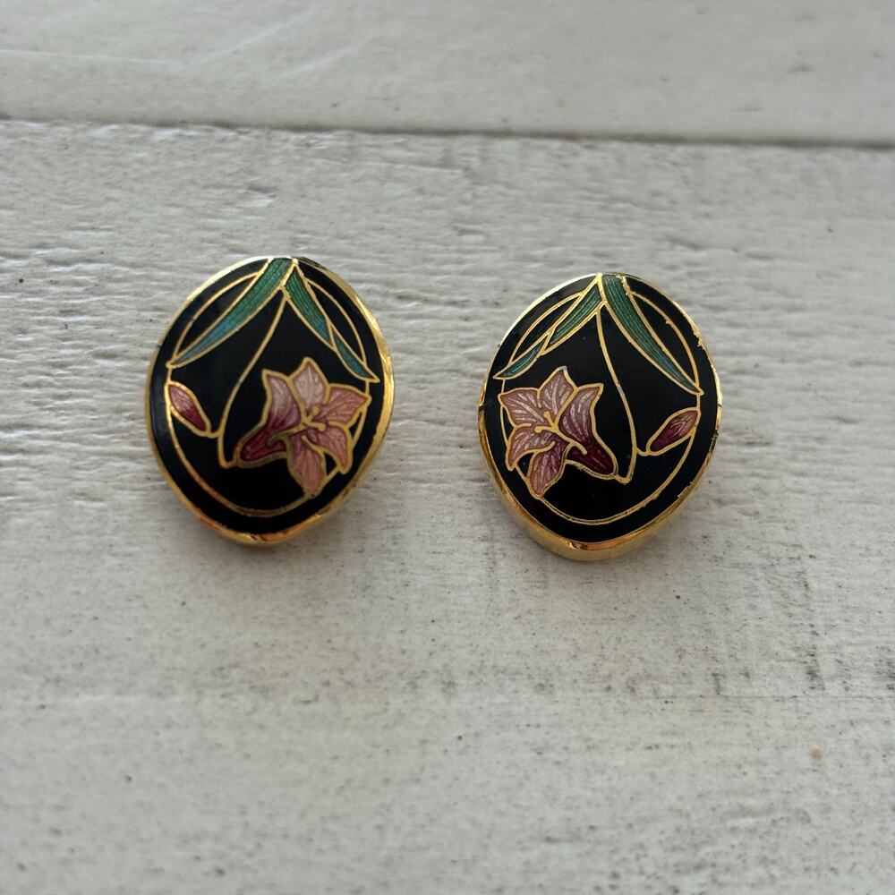 Vintage Cloisonné Black Floral Clip on Earrings